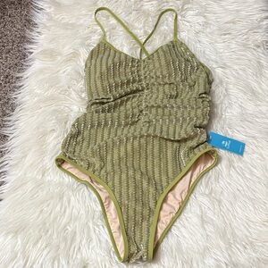 NWT Cupshe Green Lurex Ruched Tummy Control One Piece Swimsuit Size M